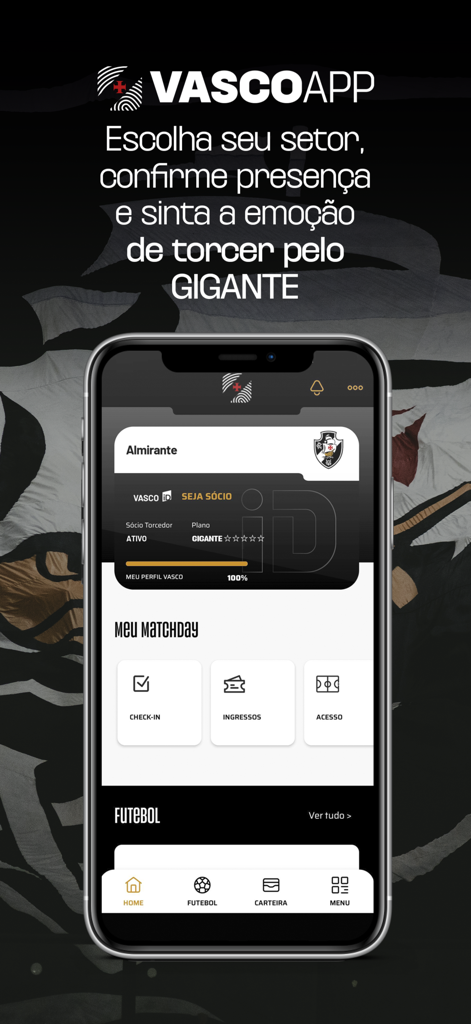 Vasco APP - Mobile app screen for Vasco da Gama fans showing membership status and matchday ticket options.