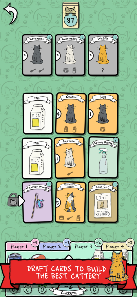 Gameplay screenshot of Cat Lady The Card Game showing a grid of cat cards and pet supplies for drafting
