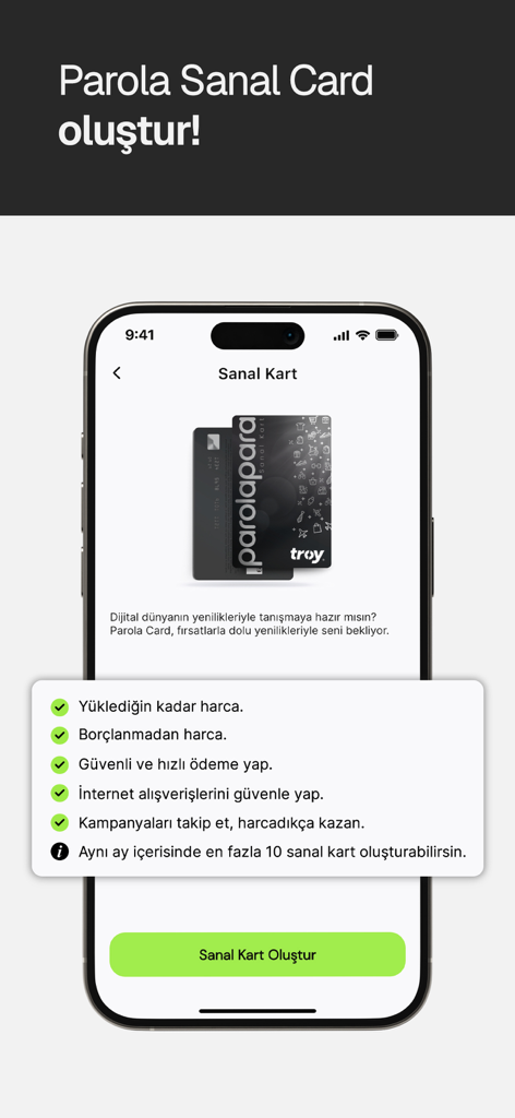 Parolapara: Para Gönder, Harca - Parolapara mobile app interface showing the process to create a secure virtual card for online shopping.