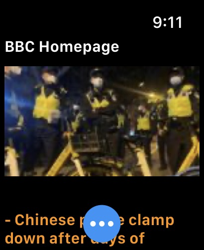 LAZER Browser - A news article from the BBC Homepage displayed on the LAZER Browser interface for Apple Watch.