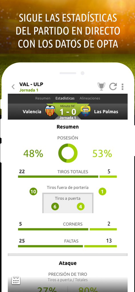 Pantalla de estadísticas en vivo de partidos de fútbol en la aplicación Futmondo con datos de Opta
