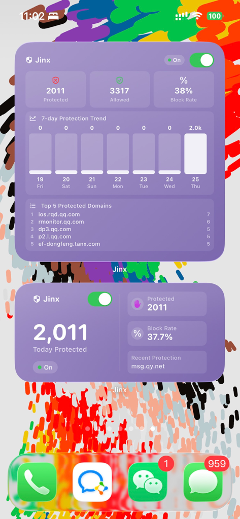 Jinx – Ad Block & Privacy DNS - iPhone home screen featuring Jinx app widgets showing ad blocking statistics and privacy protection data