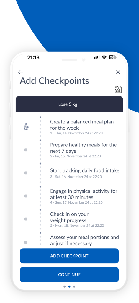 Achieve Me - Life Goals - Interface of the Achieve Me app showing a list of checkpoints for a weight loss goal.