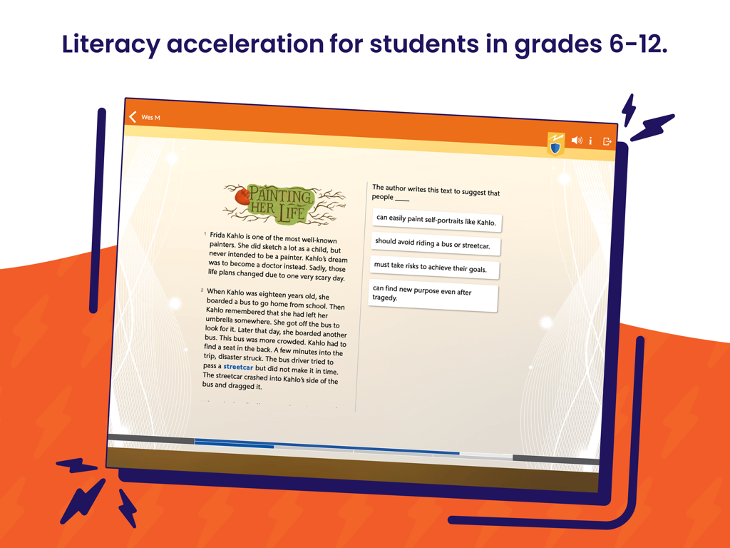 Lexia PowerUp - Lexia PowerUp app interface showing a reading comprehension lesson about Frida Kahlo for students in grades 6 to 12