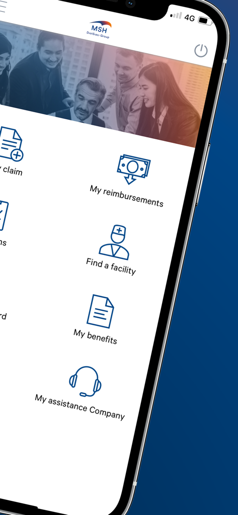 MSH International app dashboard displaying icons for reimbursements, finding health facilities, benefits, and assistance services