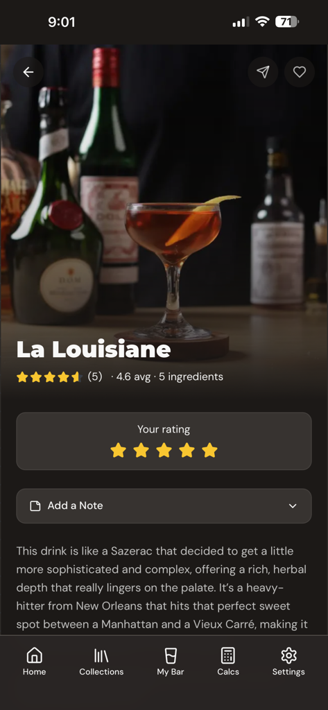Cocktails by Steve - Cocktails by Steve app interface showing the recipe for a La Louisiane cocktail with a professional photograph and star ratings.