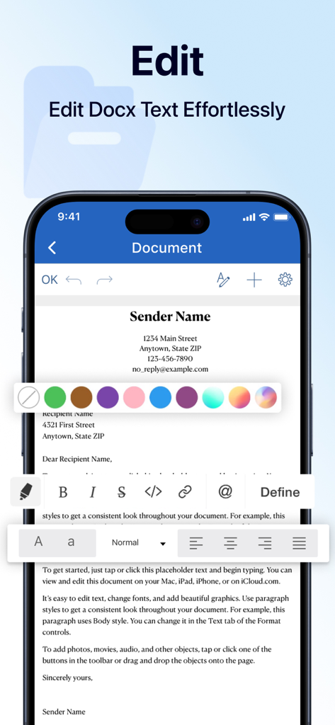 iPhone-Screenshot, der zeigt, wie ein Benutzer ein Dokument mit Formatierungswerkzeugen in der Office Word App bearbeitet