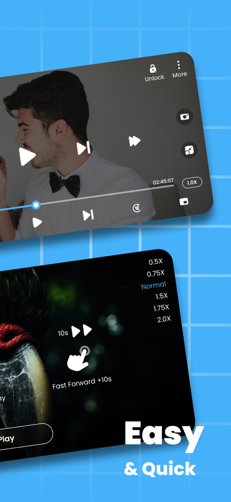 Una interfaz de reproductor de video móvil que muestra ajustes de velocidad de reproducción y gestos rápidos de avance rápido para un control multimedia fácil.