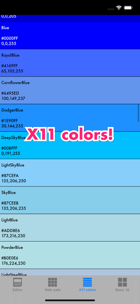 Screenshot of RGB checker app showing a list of X11 blue shades with hex and RGB color codes