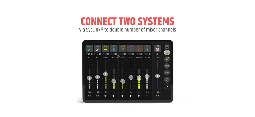 MAUI MIX - MAUI MIX app interface showing SysLink connection for two speaker systems