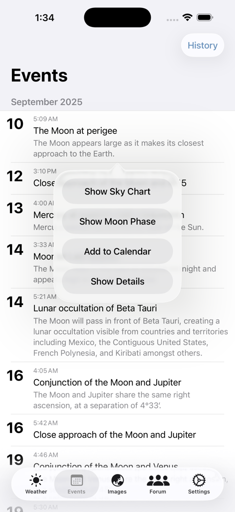 Astroweather - astronomy tools - Astroweatherアプリの画面で、2025年9月の月相や合を含む天文イベントのリストと星図メニューが表示されている様子。
