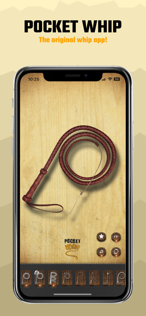Pocket Whip app interface showing a coiled leather bullwhip on a wooden background