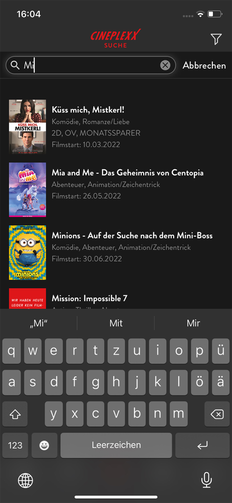 Résultats de recherche de films dans l'application Cineplexx AT