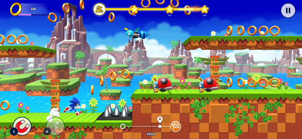 Sonic Runners Adventure - Sonic the Hedgehog running through a classic platformer level collecting rings and avoiding enemies.