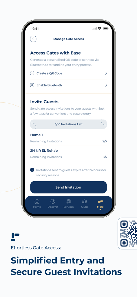 Pantalla de la aplicación móvil TMG Life para administrar el acceso a la puerta de la propiedad y enviar invitaciones seguras a invitados con códigos QR