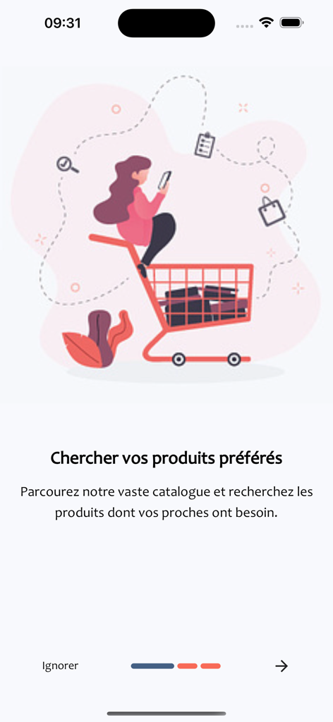 Easy Market - Easy Market app onboarding screen showing a woman sitting on a shopping cart while searching for grocery products on her phone for her family.