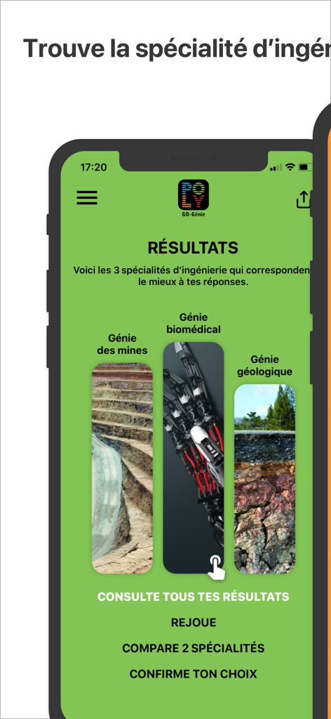 GO-Génie - Go-Genie app results screen displaying three engineering specialty recommendations