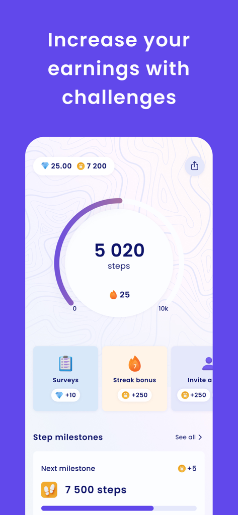 Mobile app interface of Stepler showing a step counter, diamond and point balances, and various challenges to earn rewards.