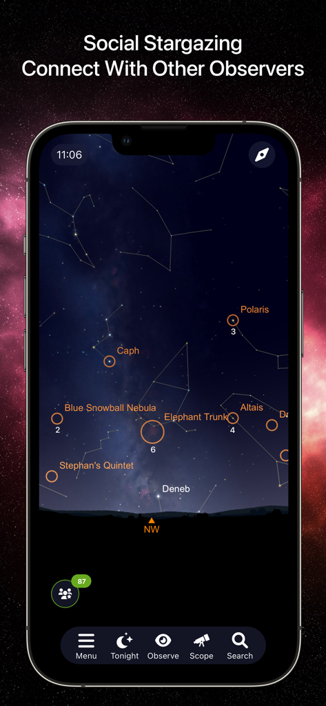 SkySafari 7 Pro - SkySafari 7 Pro interface showing social stargazing with real-time observer counts on celestial objects like Polaris and the Blue Snowball Nebula.