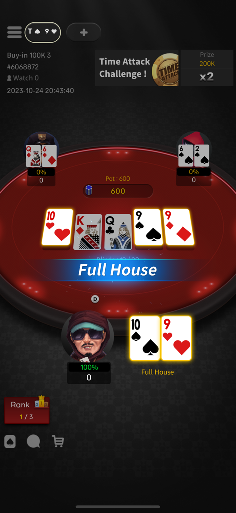 Gameplay screen of World Poker League showing a winning full house hand at a Texas Holdem table.