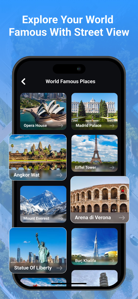 Street View Live Earth Map 3D - A menu showing world famous places like the Eiffel Tower and Statue of Liberty in the Street View Live Earth Map 3D app