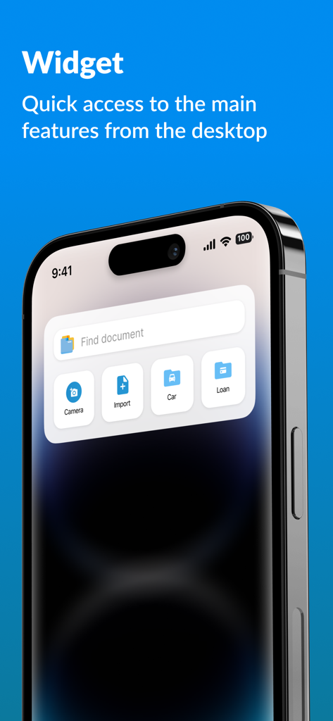Scannero: fast scan to PDF&JPG - Widget de la aplicación Scannero en la pantalla de iPhone para escaneo y búsqueda rápida de documentos.