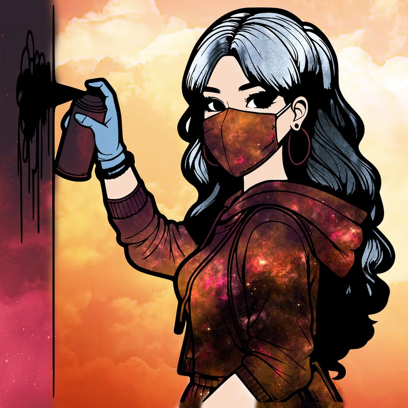 realistic girl with mask spray painting a wall