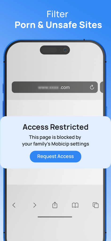 Parental Control App: Mobicip - A smartphone screen showing an access restricted message by Mobicip parental controls for unsafe websites.