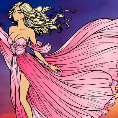 realistic woman in dress flowing the the wind