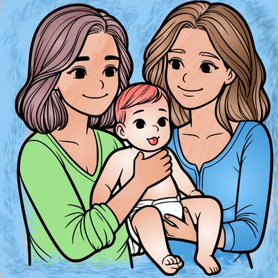two realistic women holding one baby together