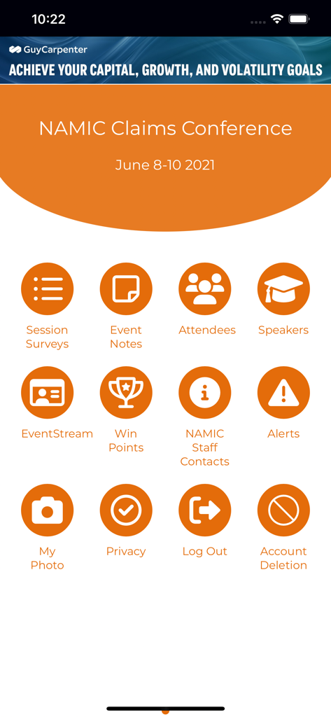 NAMIC Events - Home screen of the NAMIC Events app featuring icons for session surveys, attendee list, speakers, and event stream for a claims conference.