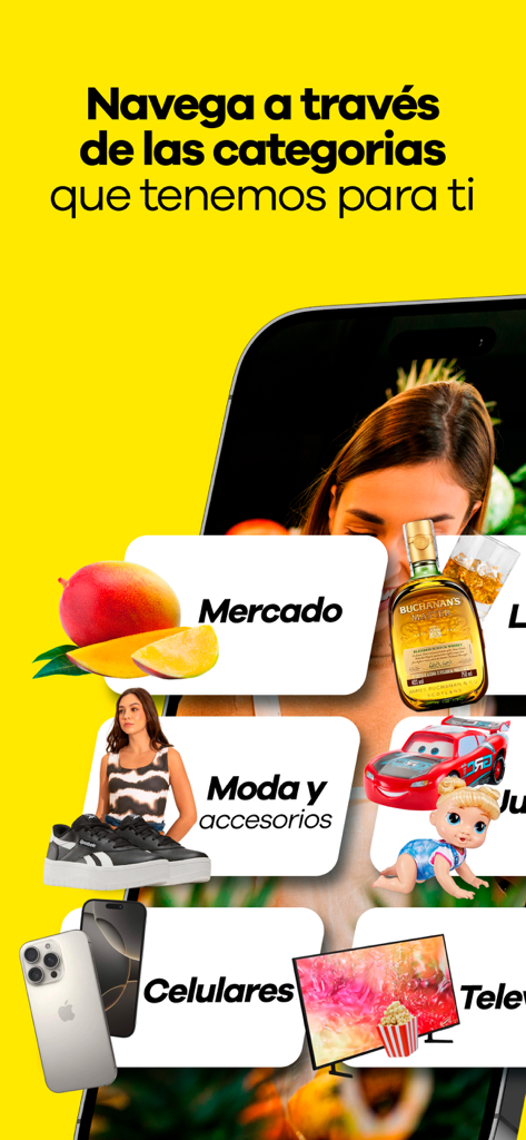 Mobile screen of the exito app showing product categories like groceries fashion and electronics