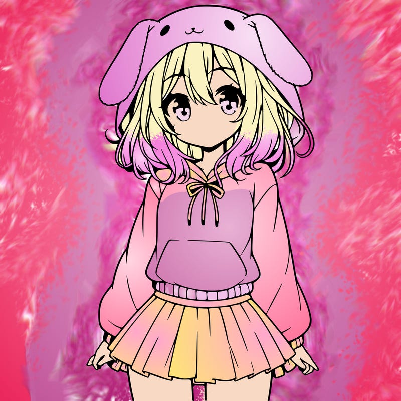 pretty anime girl wearing a fluffy hoodie with bunny ears on the hood and a skirt