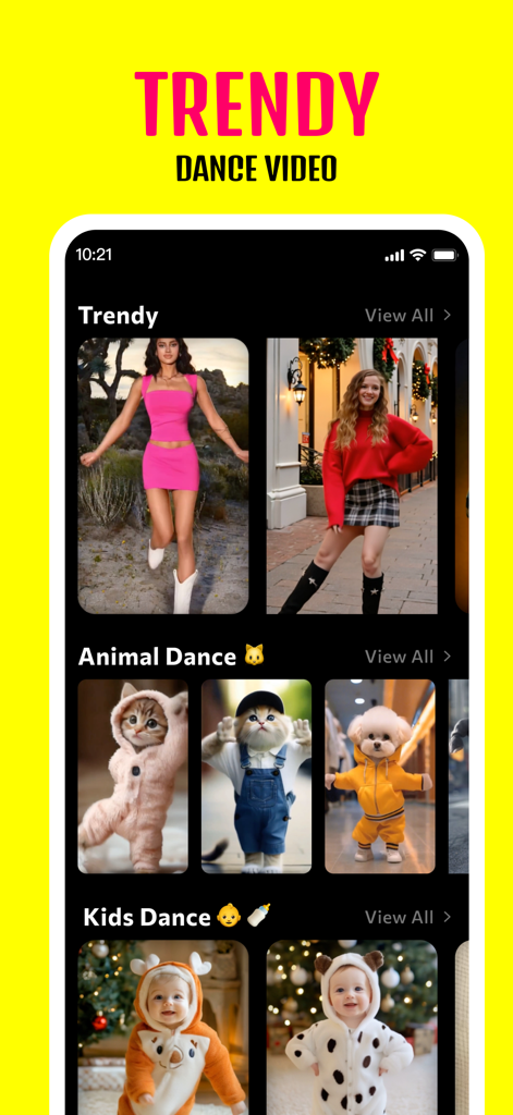 App interface showing AI dance templates for people animals and babies
