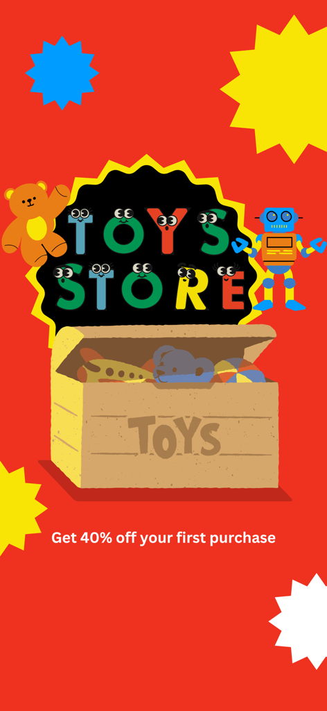Cheap Toys Store Online - Pantalla promocional de la aplicación Cheap Toys Store Online que ofrece un 40 por ciento de descuento en tu primera compra con ilustraciones coloridas de juguetes.
