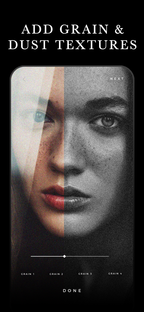 Carbon - B&W Filters & Effects - Ein Schwarz-Weiß-Porträt mit Vintage-Körnungs- und Staubtexturen, die in der Carbon-App angewendet wurden