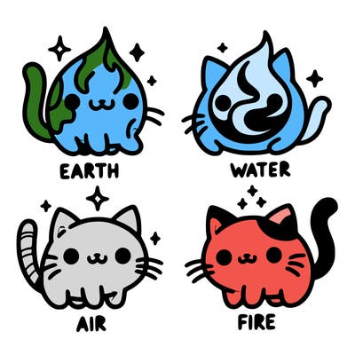 4 cats that represent the different elements, earth, water, air, and fire