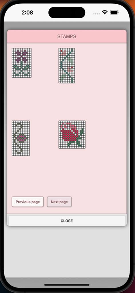 BeadPatternCreator - A menu screen showing various bead pattern stamps like flowers and floral designs