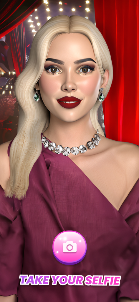 Makeover Star 3D: Beauty Games - Un personaje 3D glamuroso con cabello rubio y lápiz labial rojo listo para una selfie en la alfombra roja en Makeover Star 3D