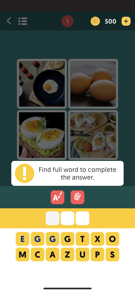 Screenshot of level one in the Word Picture game showing four images of eggs and a letter grid