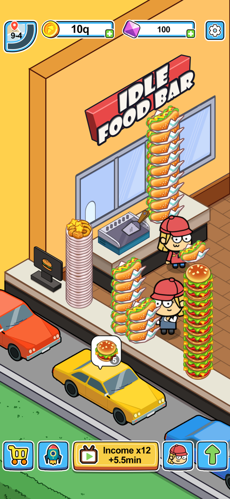 Idle Food Bar: Olivia & Oliver - Cartoon characters serving stacks of burgers and hot dogs to cars at a drive-thru restaurant in Idle Food Bar.
