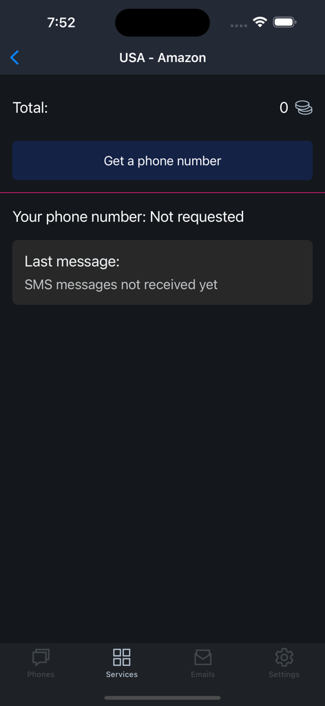 Pantalla de la aplicación que muestra la opción de obtener un número de teléfono temporal de EE. UU. para mensajes de verificación de Amazon