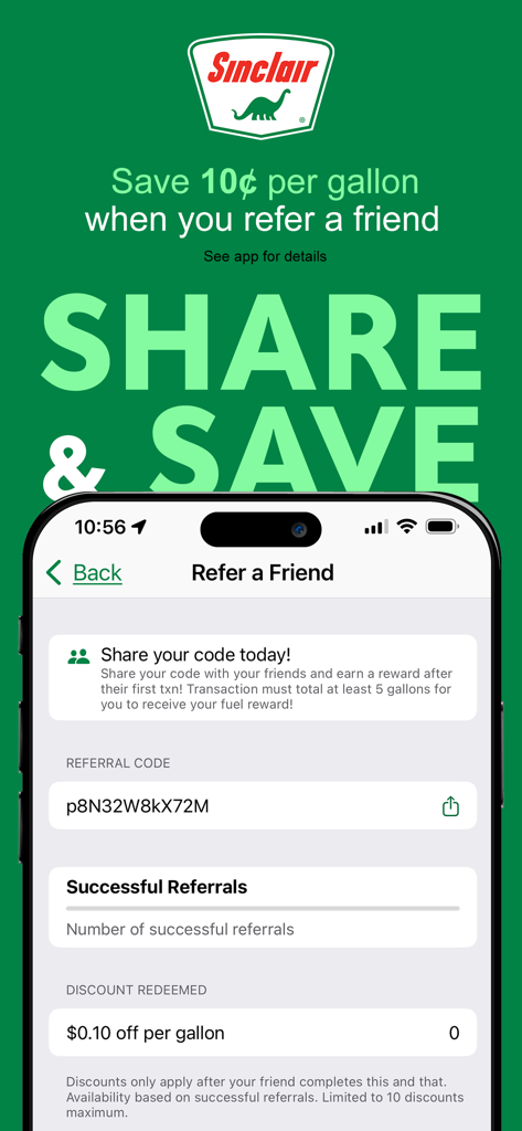 Sinclair DINOPAY app refer a friend screen showing share and save gas discounts