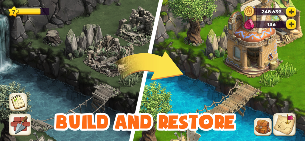 Atlantis Odyssey - A before and after comparison of restored ancient ruins and a bridge in the Atlantis Odyssey game.