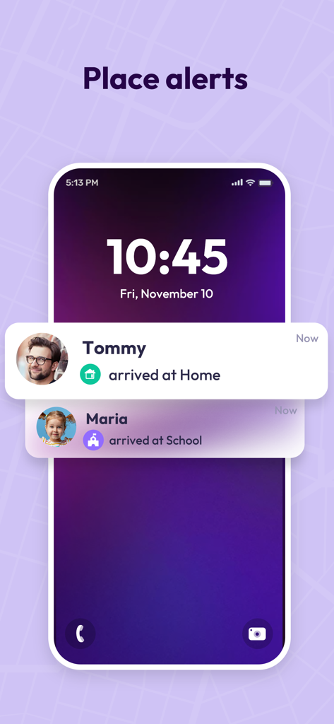 Pantalla de smartphone que muestra notificaciones de llegada en tiempo real para miembros de la familia en casa y en la escuela.