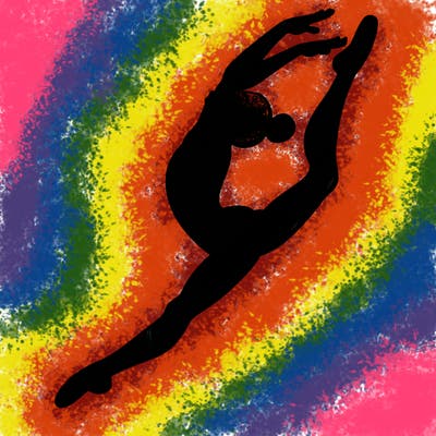 gymnast doing a leap in a leotard with a bent back leg