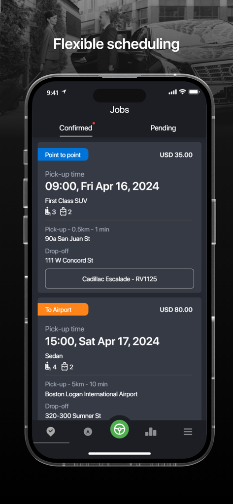 LIMO - Driver App - Screenshot of the LIMO Driver App displaying a list of confirmed chauffeur jobs with pricing and location details under the flexible scheduling feature