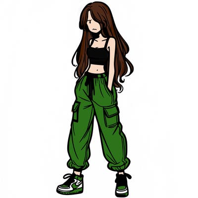 girl in baggy pants crop top and long hair