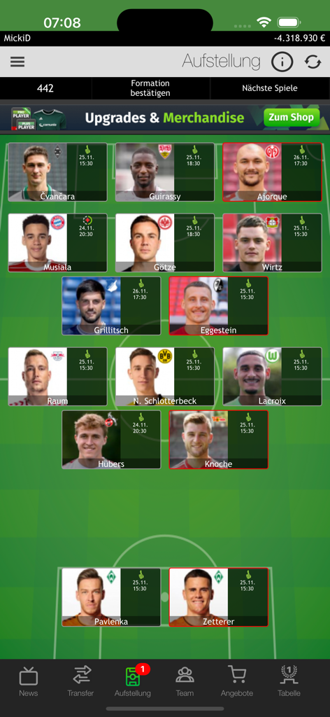 Comunio mobile app interface showing a soccer team lineup with player cards on a virtual field