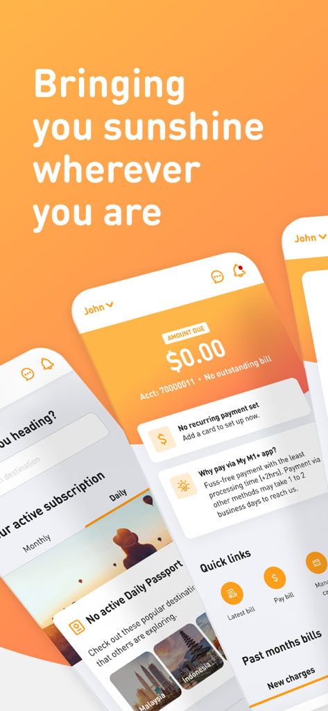 Screenshots of the My M1 plus mobile app showing account dashboard and billing features